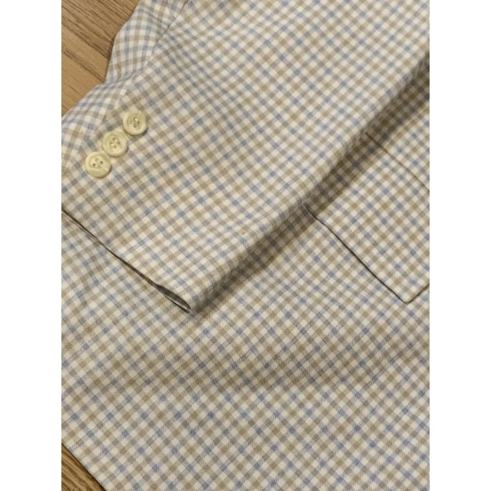 Vtg 70s Sports Coat White Blue Tan Check Plaid Merit Sz 46 Made USA 1/2 Lined